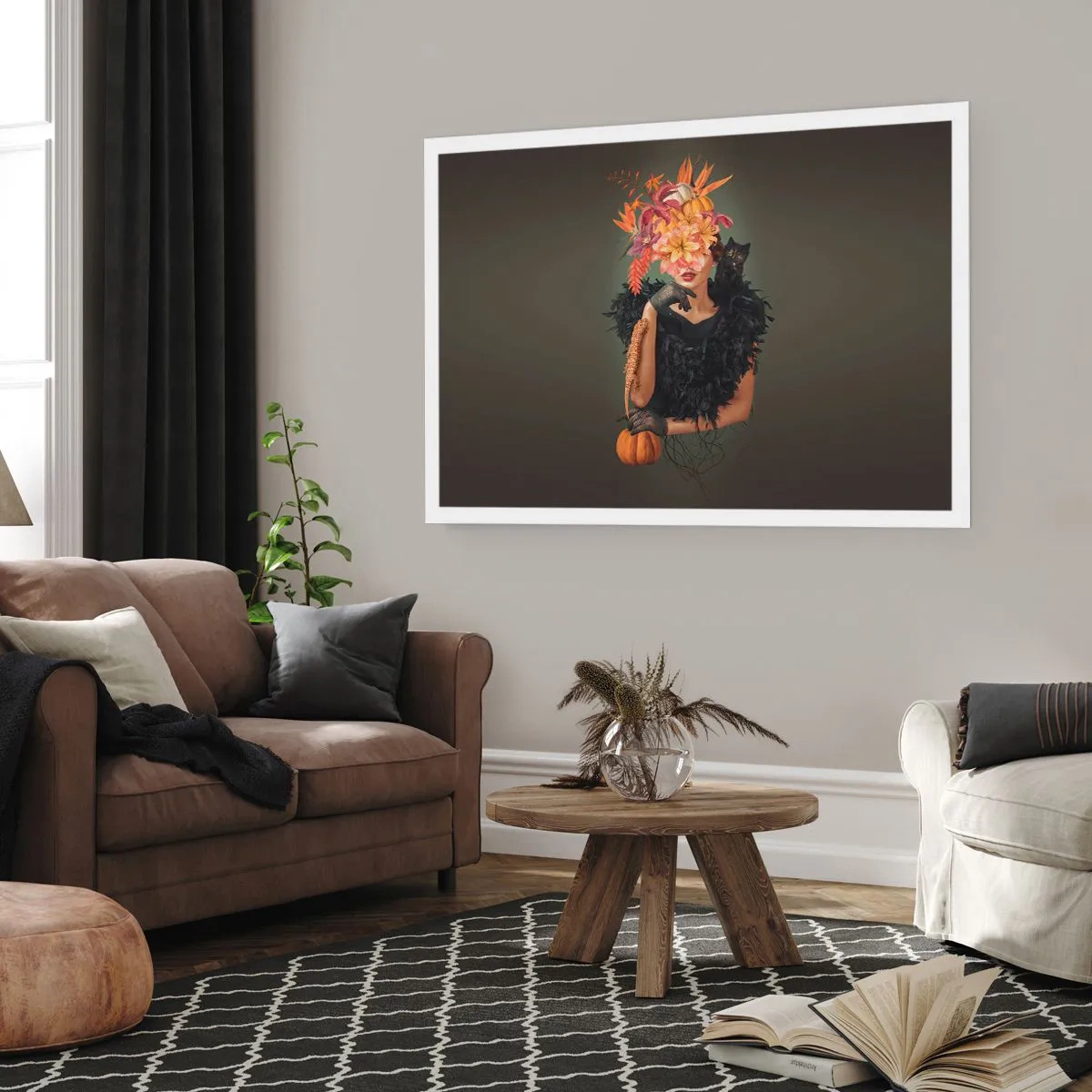 Póster - Retrato de una mujer con motivos otoñales y un gato. - 100x70cm - Hechizo de bruja - Decoración de pared moderna para salón y dormitorio ARTTOR
