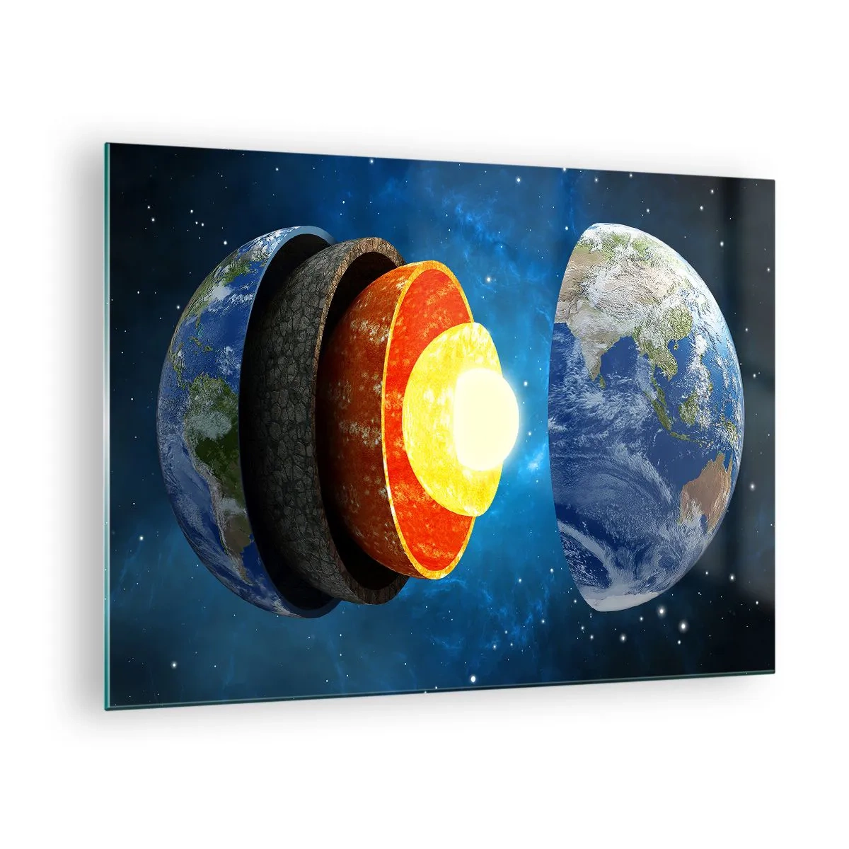 Cuadro sobre vidrio - Impresiones sobre Vidrio - Una sección transversal de la Tierra que muestra sus capas contra el fondo del espacio. - 70x50cm - Una expedición a las entrañas de la Tierra - Decoración de pared moderna para salón y dormitorio ARTTOR