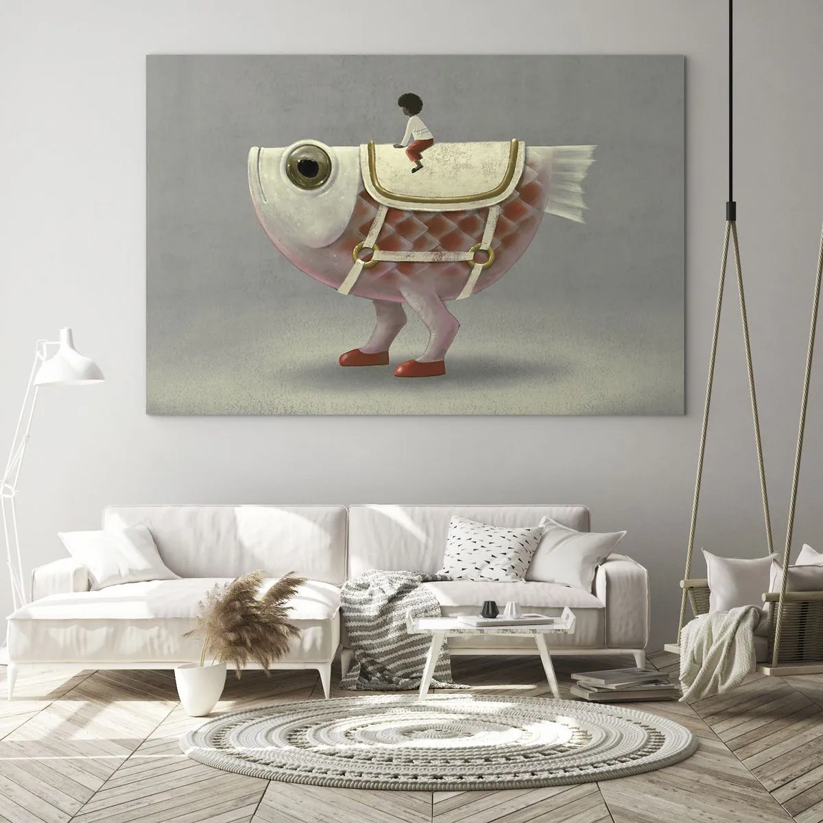 Cuadro sobre vidrio - Impresiones sobre Vidrio - Una figura montando un pez rosa con piernas y una silla de montar. - 70x50cm - Jinete del pescado - Decoración de pared moderna para salón y dormitorio ARTTOR