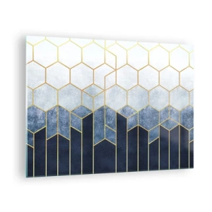Cuadro sobre vidrio - Impresiones sobre Vidrio - Patrón geométrico en colores dorado y azul marino. - 70x50cm - Composición rítmica visual - Decoración de pared moderna para salón y dormitorio ARTTOR