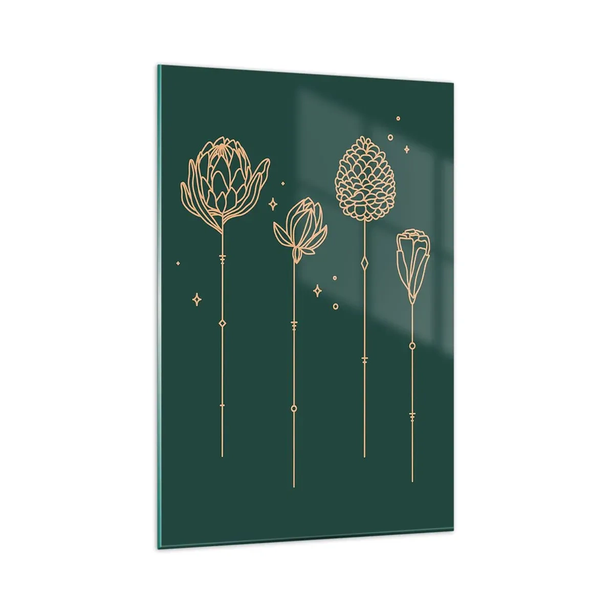 Cuadro sobre vidrio - Impresiones sobre Vidrio - Dibujos dorados de hierbas sobre un fondo verde oscuro. - 80x120cm - La familia vegetal - Decoración de pared moderna para salón y dormitorio ARTTOR