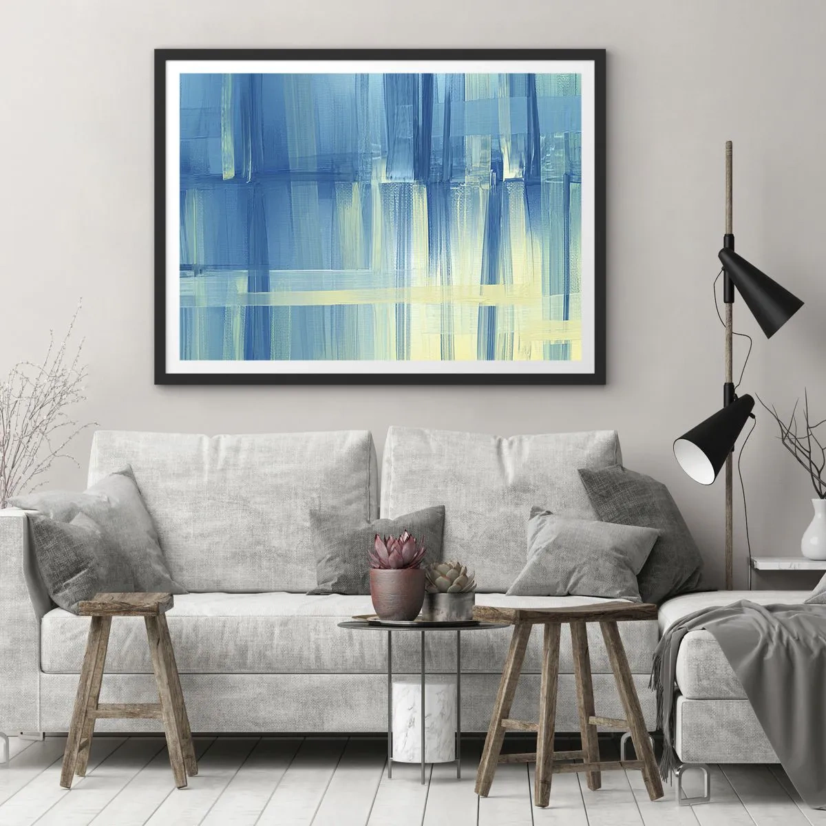 Póster en marco negro - Un cuadro abstracto en tonos turquesa y azul con pinceladas geométricas. - 70x50cm - Composición en turquesa - Decoración de pared moderna para salón y dormitorio ARTTOR