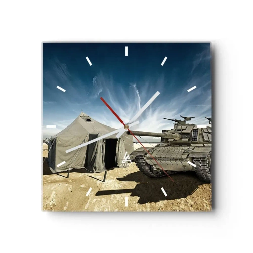 Reloj de pared - Reloj de vidrio - Un tanque junto a una tienda militar en una zona desértica. - 30x30cm - Campaña militar - Decoración de pared moderna para salón y dormitorio ARTTOR
