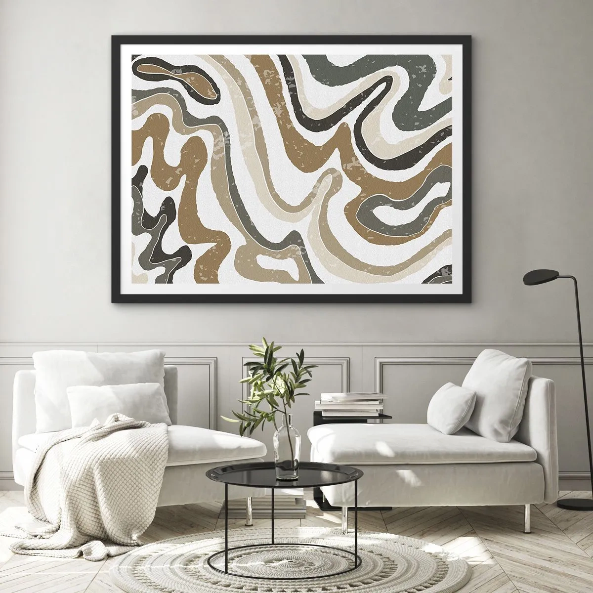 Póster en marco negro - Patrones terrosos en tonos marrones y verdes. - 70x50cm - Meandros de colores terrosos - Decoración de pared moderna para salón y dormitorio ARTTOR