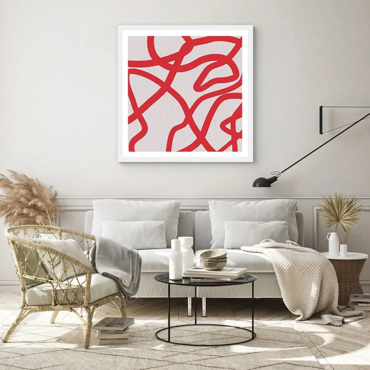 Póster en marco blanco - Rojo sobre blanco - 40x40 cm