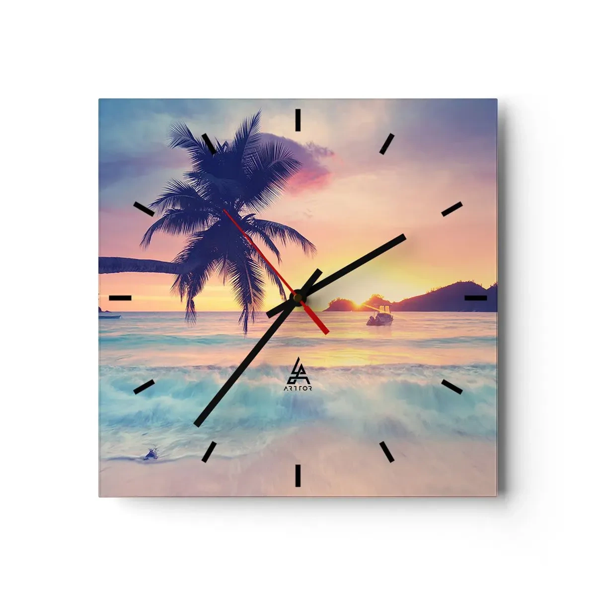 Reloj de pared - Reloj de vidrio - Playa con palmera y puesta de sol sobre el océano. - 30x30cm - Atardecer en la bahía - Decoración de pared moderna para salón y dormitorio ARTTOR