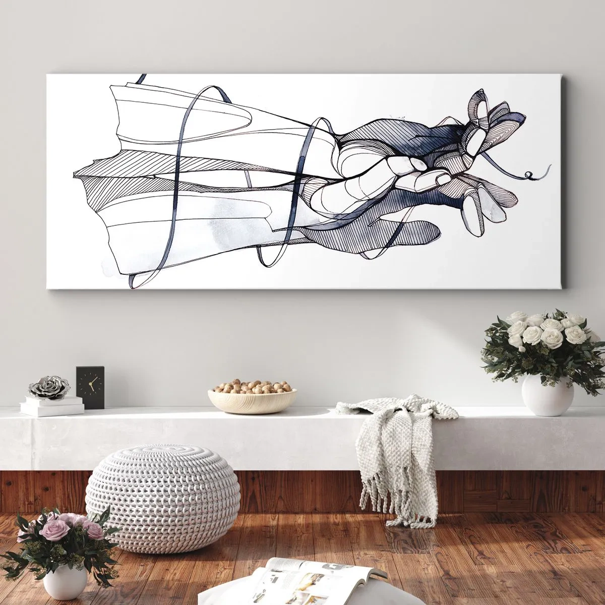 Cuadro sobre lienzo - Impresión de Imagen - Un dibujo sutil de una mano con una delicada flor. - 160x50cm - Un estudio sobre el contacto - Decoración de pared moderna para salón y dormitorio ARTTOR