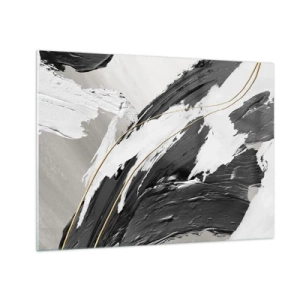 Cuadro sobre vidrio - Impresiones sobre Vidrio - Trazos dinámicos de blanco y negro con acento dorado. - 70x50cm - Abstracción con estilo - Decoración de pared moderna para salón y dormitorio ARTTOR