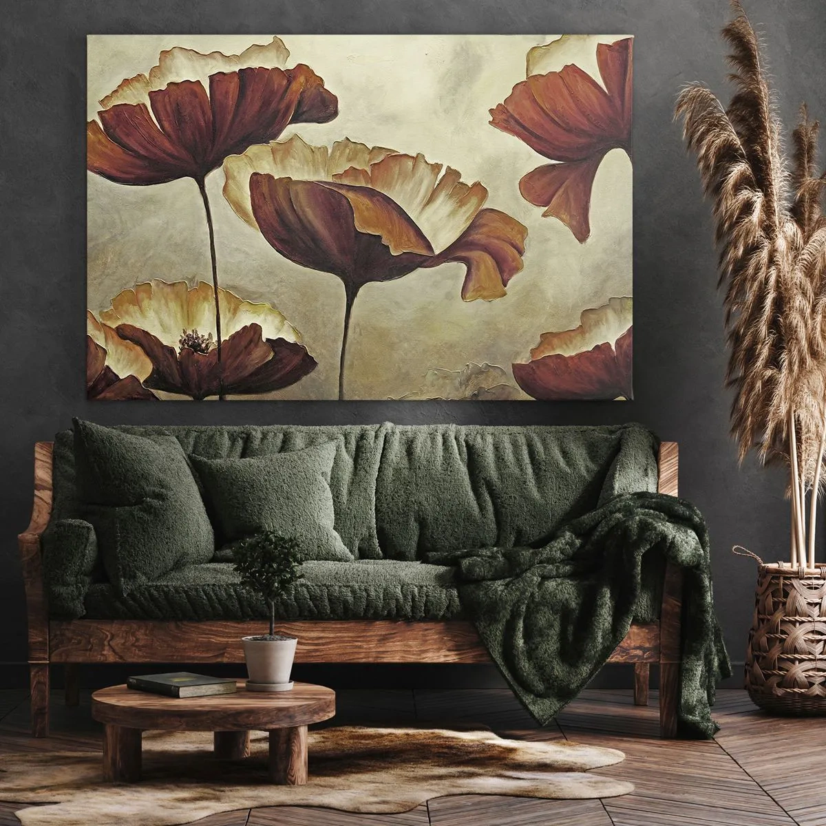 Cuadro sobre lienzo - Impresión de Imagen - Flores sutiles en tonos rojos y dorados sobre un fondo claro. - 100x70cm - Prado de prados - Decoración de pared moderna para salón y dormitorio ARTTOR