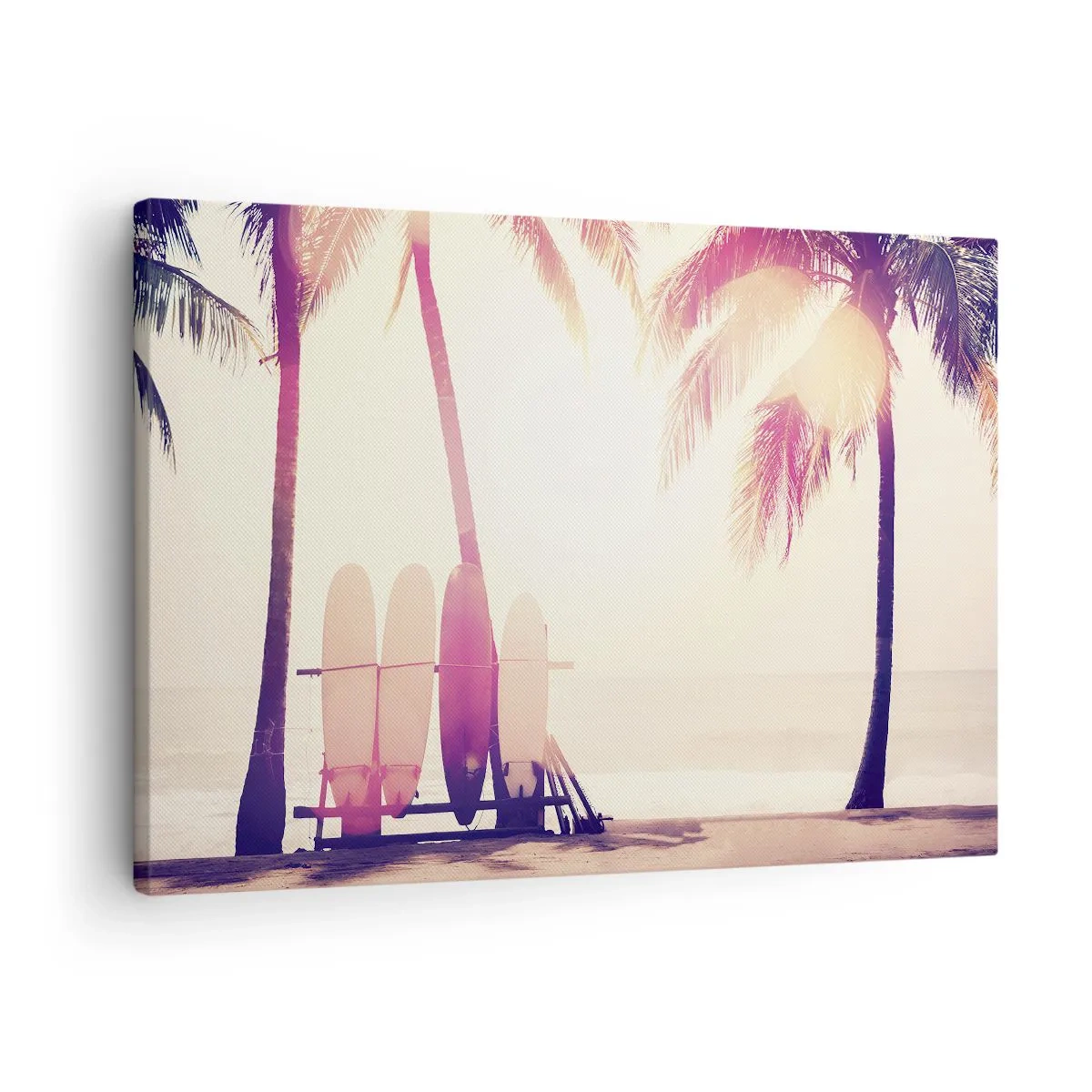 Cuadro sobre lienzo - Impresión de Imagen - Palmeras y tablas de surf en la playa bajo el sol. - 70x50cm - Va a ser un gran día - Decoración de pared moderna para salón y dormitorio ARTTOR