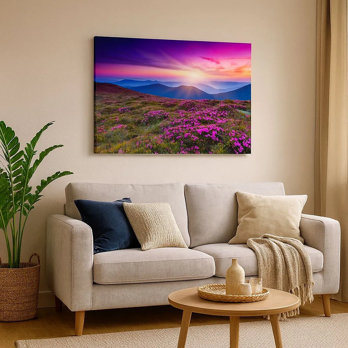 Cuadro sobre lienzo - Impresión de Imagen - Prado de montaña con flores al atardecer - 70x50cm - Dulce aroma a frescura - Decoración de pared moderna para salón y dormitorio ARTTOR