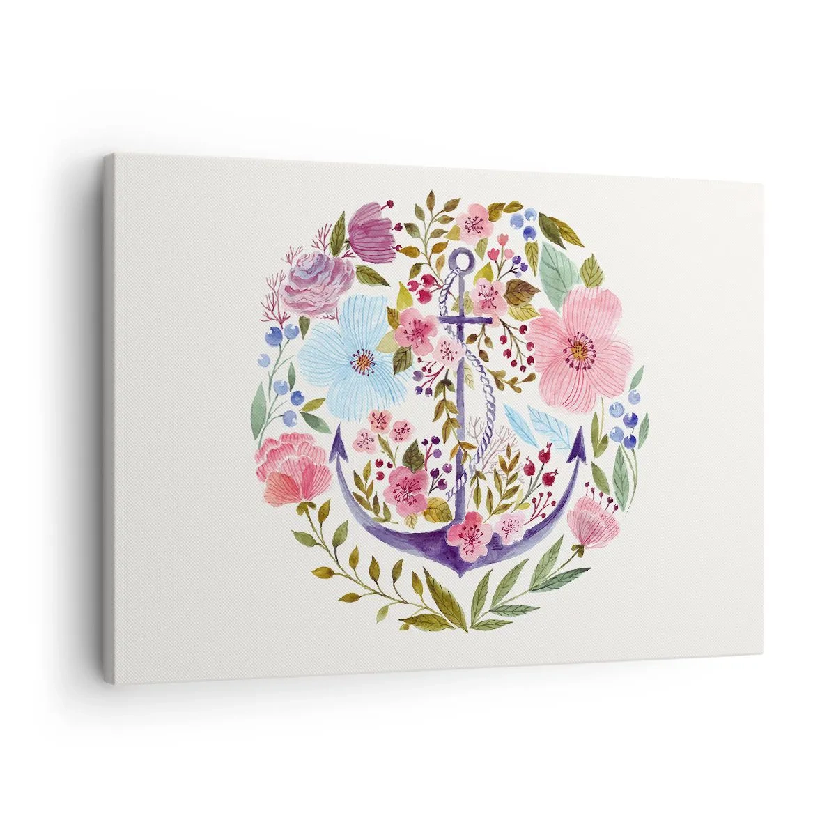 Cuadro sobre lienzo - Impresión de Imagen - Un ancla rodeada de flores de acuarela sobre un fondo claro. - 70x50cm - El sueño reparador de un marinero - Decoración de pared moderna para salón y dormitorio ARTTOR