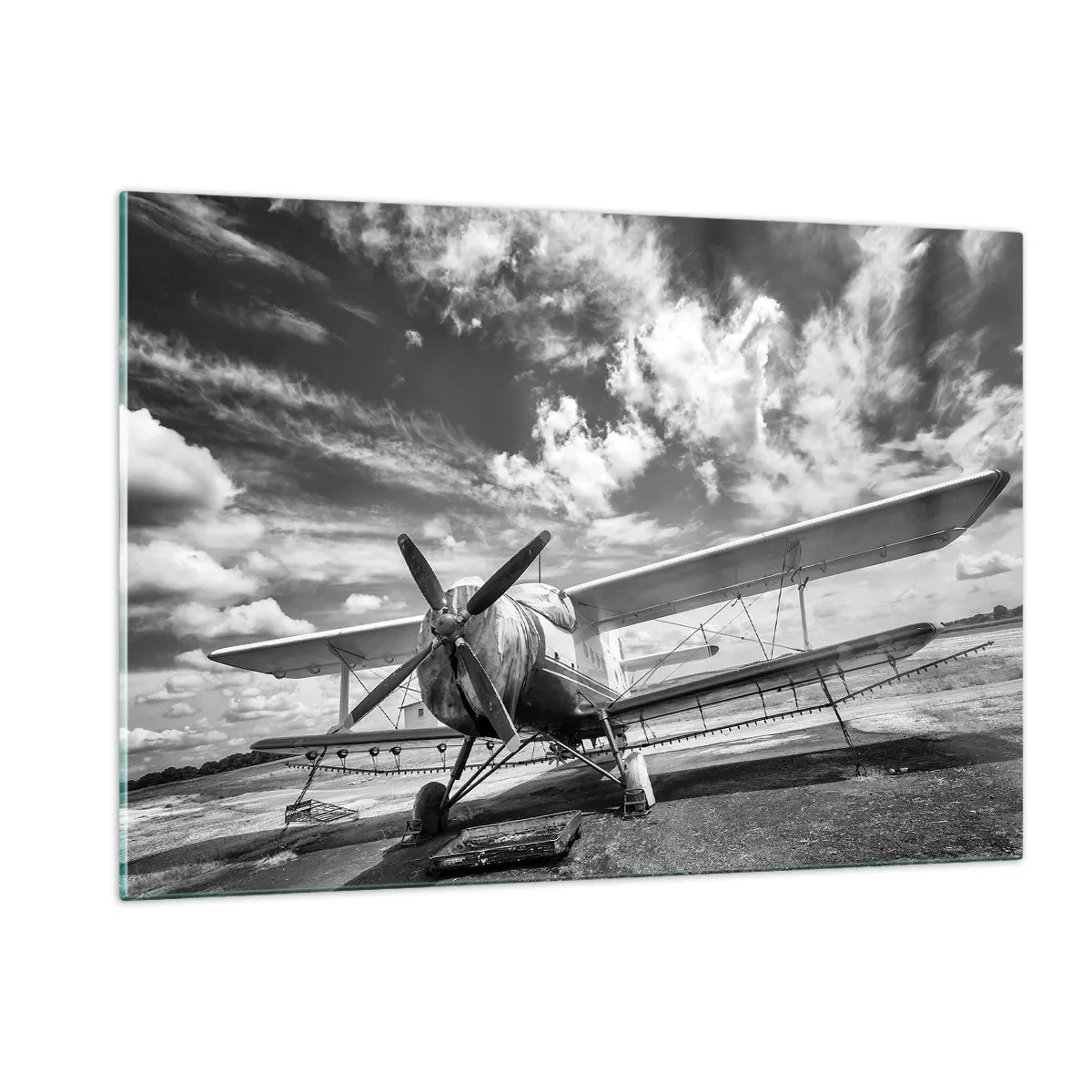 Cuadro sobre vidrio - Impresiones sobre Vidrio - Fotografía en blanco y negro de un biplano clásico. - 120x80cm - No puedo esperar - Decoración de pared moderna para salón y dormitorio ARTTOR