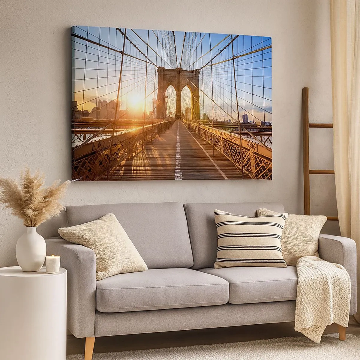 Cuadro sobre lienzo - Impresión de Imagen - El puente a la luz del sol poniente con vistas a la ciudad. - 70x50cm - En el puente dorado - Decoración de pared moderna para salón y dormitorio ARTTOR