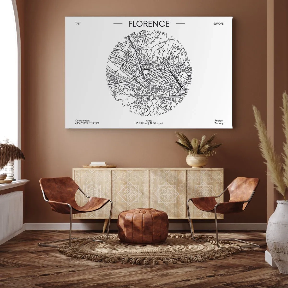 Cuadro sobre lienzo - Impresión de Imagen - Un mapa de Florencia en un estilo minimalista en blanco y negro. - 70x50cm - Anatomía de Florencia - Decoración de pared moderna para salón y dormitorio ARTTOR