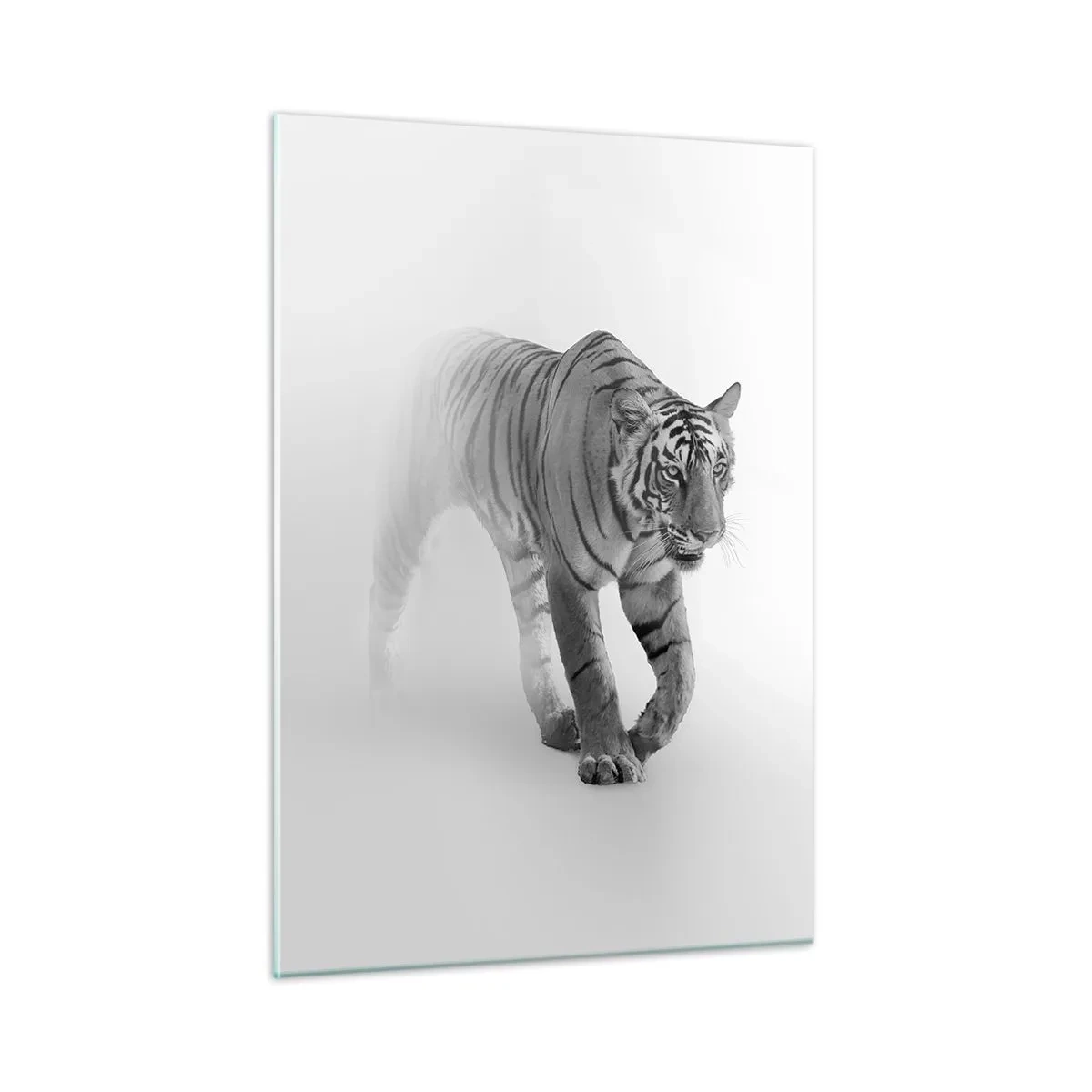Cuadro sobre vidrio - Impresiones sobre Vidrio - Un tigre caminando a través de la niebla, con un sutil desenfoque en el fondo. - 50x70cm - Siempre alerta entre la niebla - Decoración de pared moderna para salón y dormitorio ARTTOR