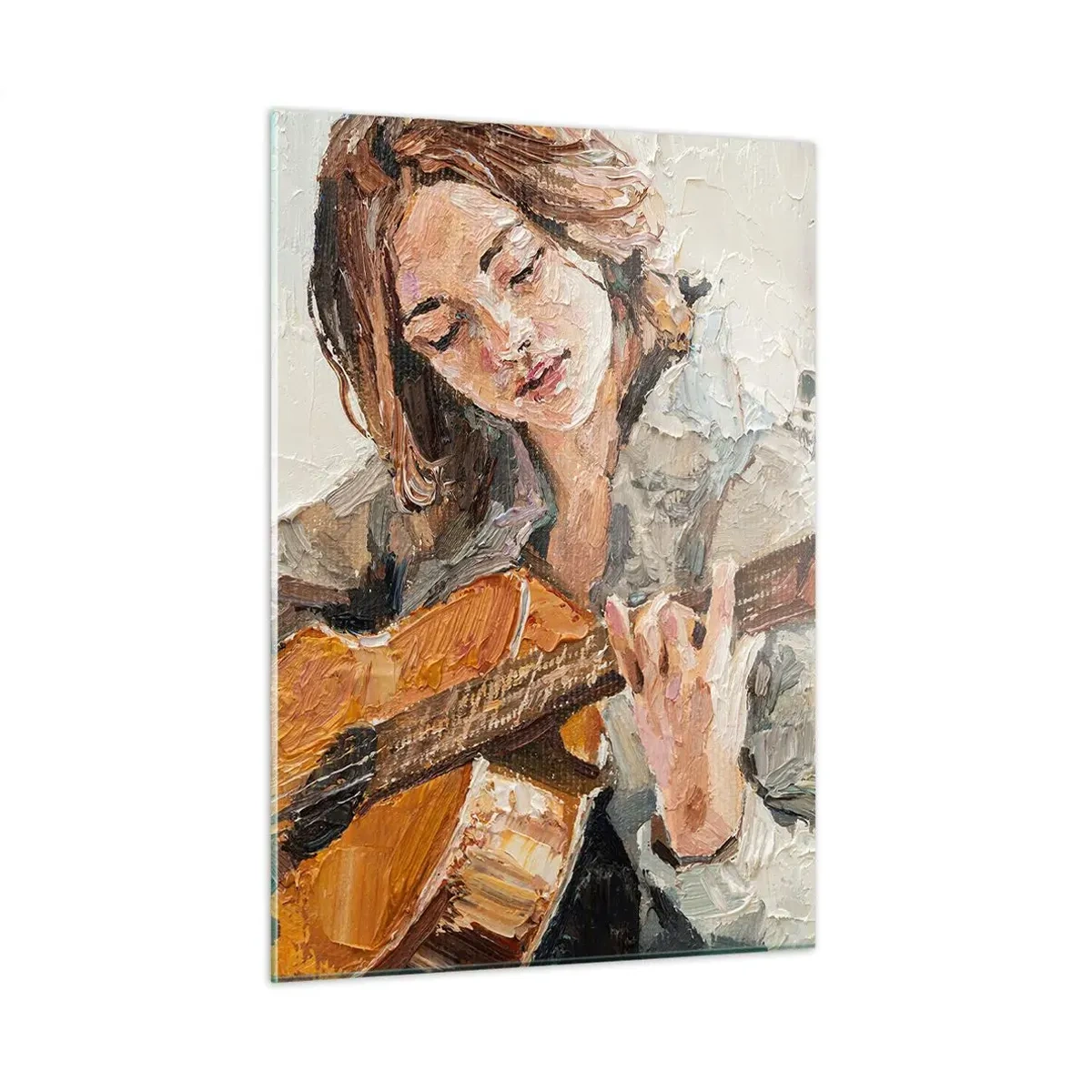 Cuadro sobre vidrio - Impresiones sobre Vidrio - Una niña tocando la guitarra en estilo impresionista. - 50x70cm - Concierto de guitarra y corazón joven - Decoración de pared moderna para salón y dormitorio ARTTOR