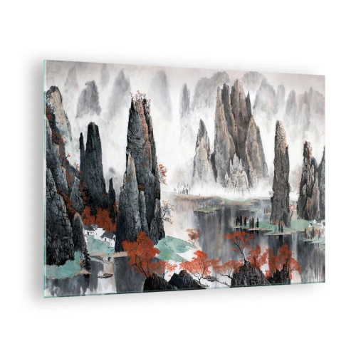 Cuadro sobre vidrio - Impresiones sobre Vidrio - Un pintoresco paisaje montañoso con picos brumosos y árboles rojos. - 70x50cm - Poderosos guardianes - Decoración de pared moderna para salón y dormitorio ARTTOR