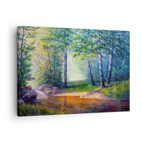 Cuadro sobre lienzo - Impresión de Imagen - Un arroyo forestal rodeado de abedules y sol. - 70x50cm - Paisaje idílico - Decoración de pared moderna para salón y dormitorio ARTTOR