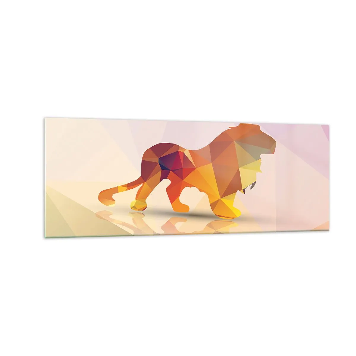 Cuadro sobre vidrio - Impresiones sobre Vidrio - Silueta geométrica de un león en tonos amarillo y naranja. - 140x50cm - El rey de los diamantes - Decoración de pared moderna para salón y dormitorio ARTTOR