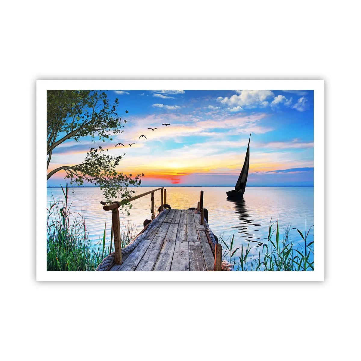 Póster - Muelle del lago con barco y puesta de sol - 100x70cm - Que llegue la noche - Decoración de pared moderna para salón y dormitorio ARTTOR