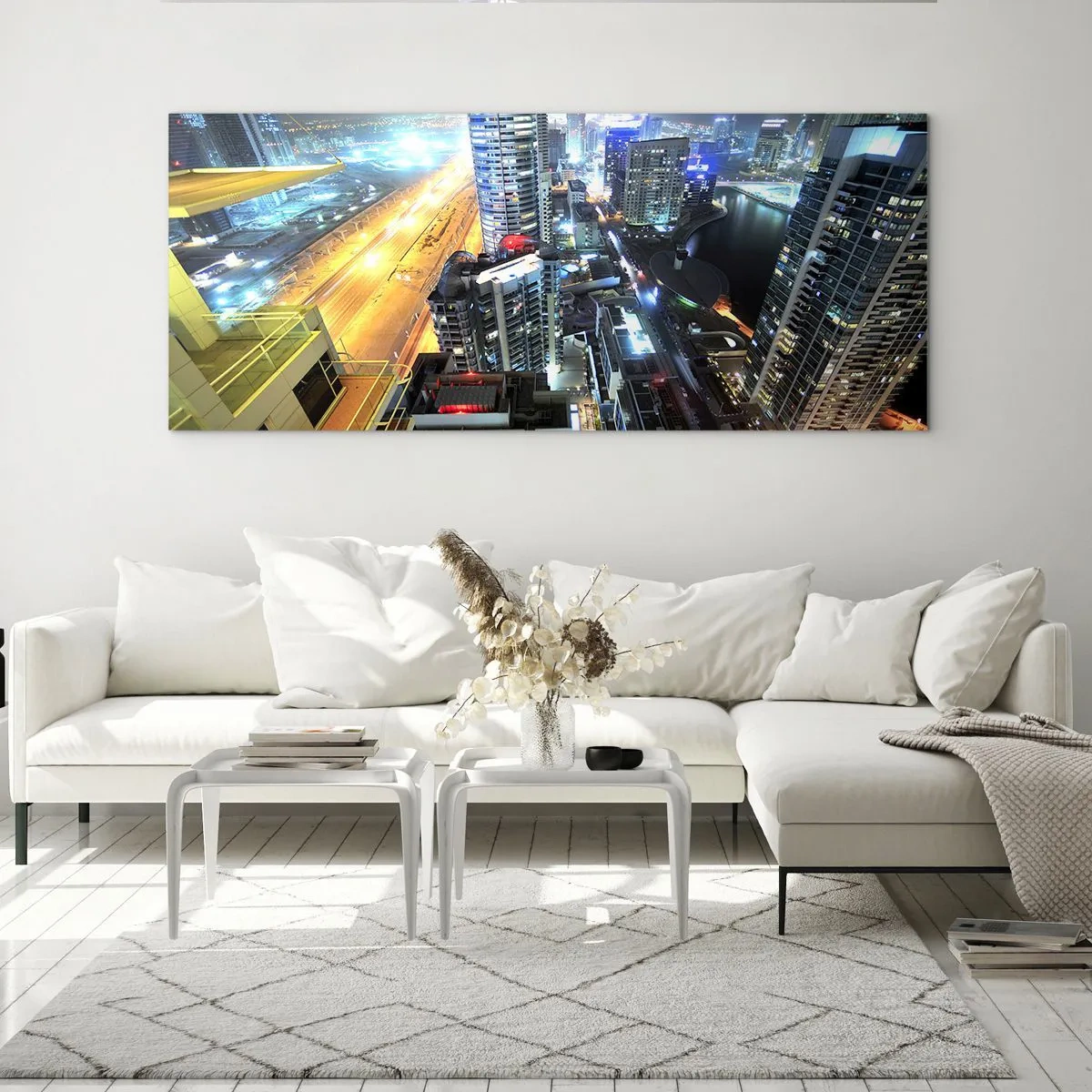 Cuadro sobre vidrio - Impresiones sobre Vidrio - Panorama de la ciudad nocturna con rascacielos iluminados - 120x50cm - Un milagro en el desierto - Decoración de pared moderna para salón y dormitorio ARTTOR