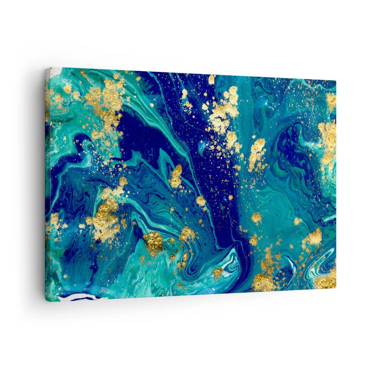 Cuadro sobre lienzo - Impresión de Imagen - Una composición abstracta con acentos azules, verdes y dorados. - 70x50cm - Pétalos de sol - Decoración de pared moderna para salón y dormitorio ARTTOR
