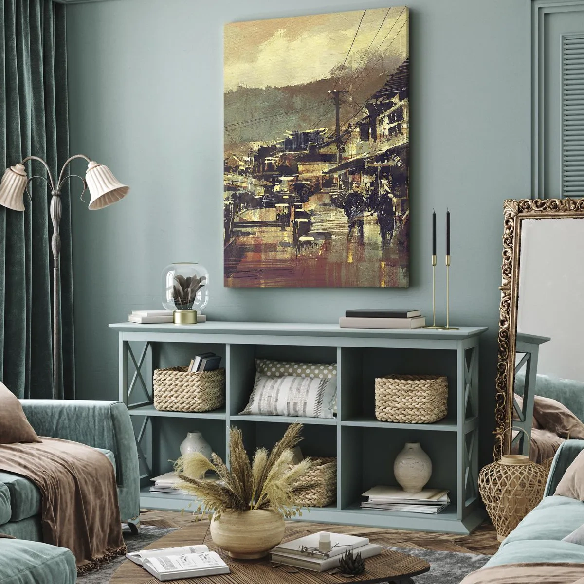 Cuadro sobre lienzo - Impresión de Imagen - Un pueblo con un puente y calles de estilo artístico. - 50x70cm - La vida como riqueza de grises - Decoración de pared moderna para salón y dormitorio ARTTOR
