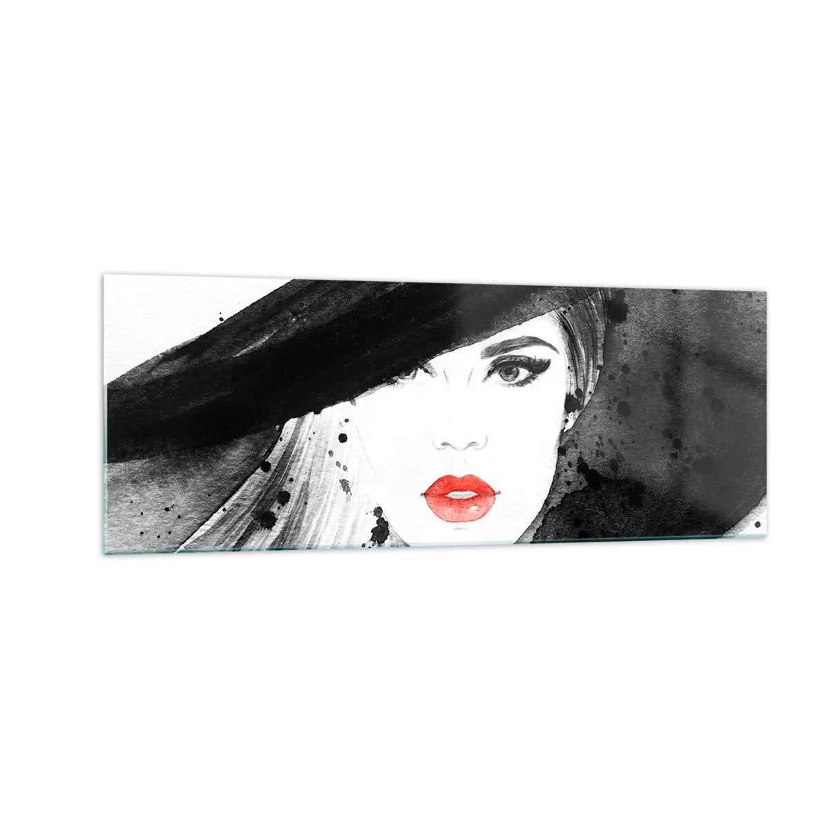 Cuadro sobre vidrio - Impresiones sobre Vidrio - Retrato de una mujer con sombrero y labios rojos. - 140x50cm - Dama de negro - Decoración de pared moderna para salón y dormitorio ARTTOR