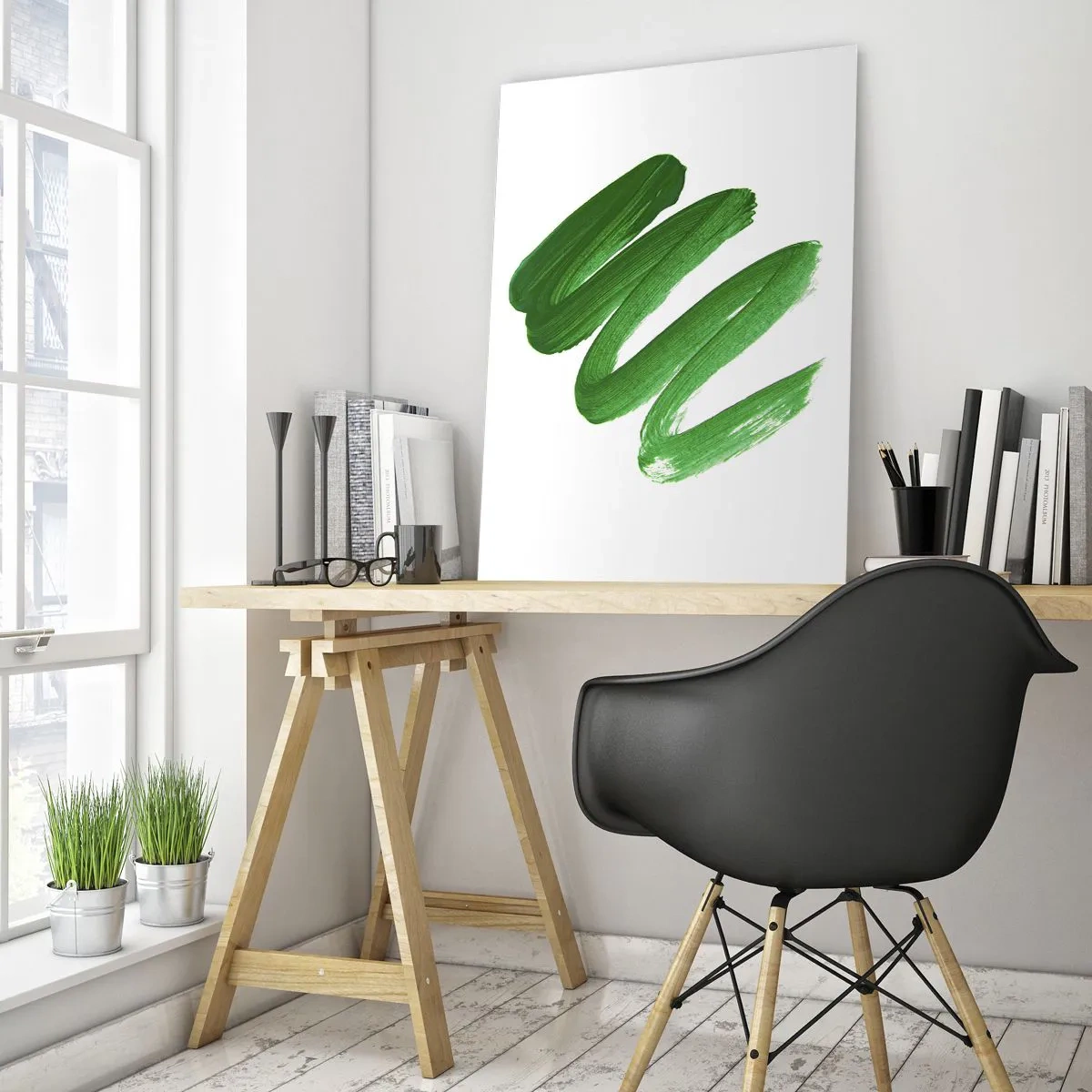 Cuadro sobre vidrio - Impresiones sobre Vidrio - Trazo de pincel abstracto verde sobre fondo blanco - 70x100cm - Una broma verde - Decoración de pared moderna para salón y dormitorio ARTTOR