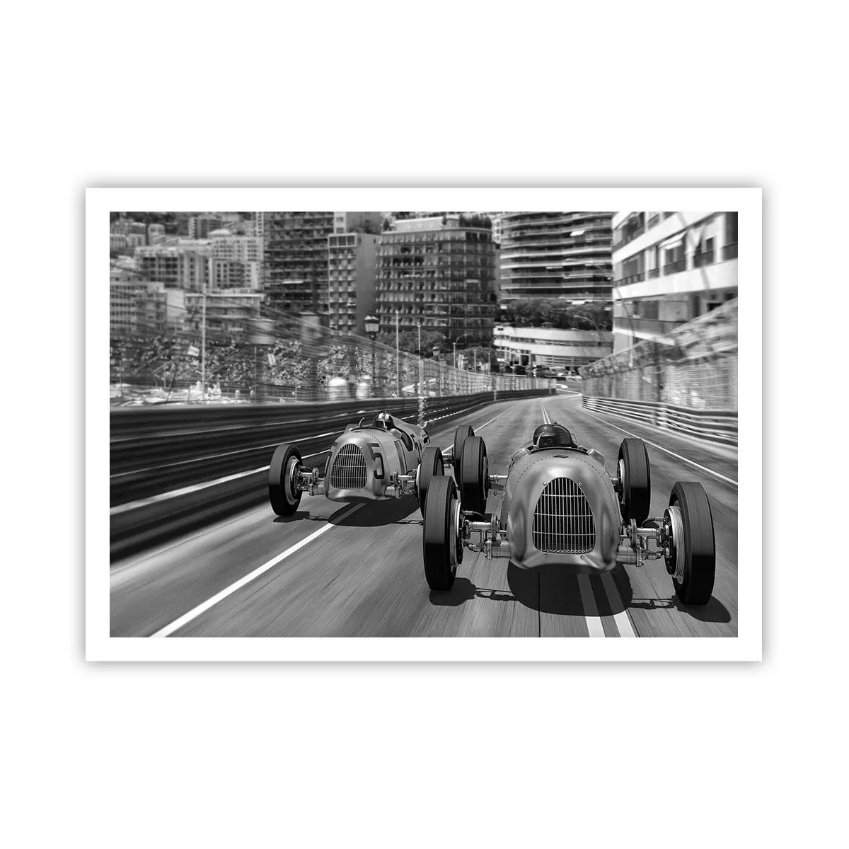 Póster - Escena de carrera de coches retro monocromática - 100x70cm - Érase una vez en Montecarlo - Decoración de pared moderna para salón y dormitorio ARTTOR