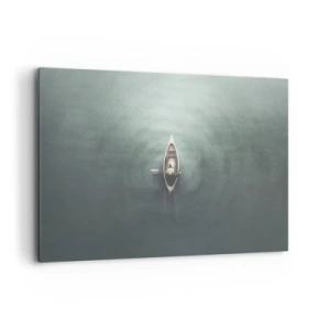 Cuadro sobre lienzo - Impresión de Imagen - Un barco solitario en aguas tranquilas en un entorno minimalista. - 120x80cm - A través de un lago iluminado por la luna - Decoración de pared moderna para salón y dormitorio ARTTOR