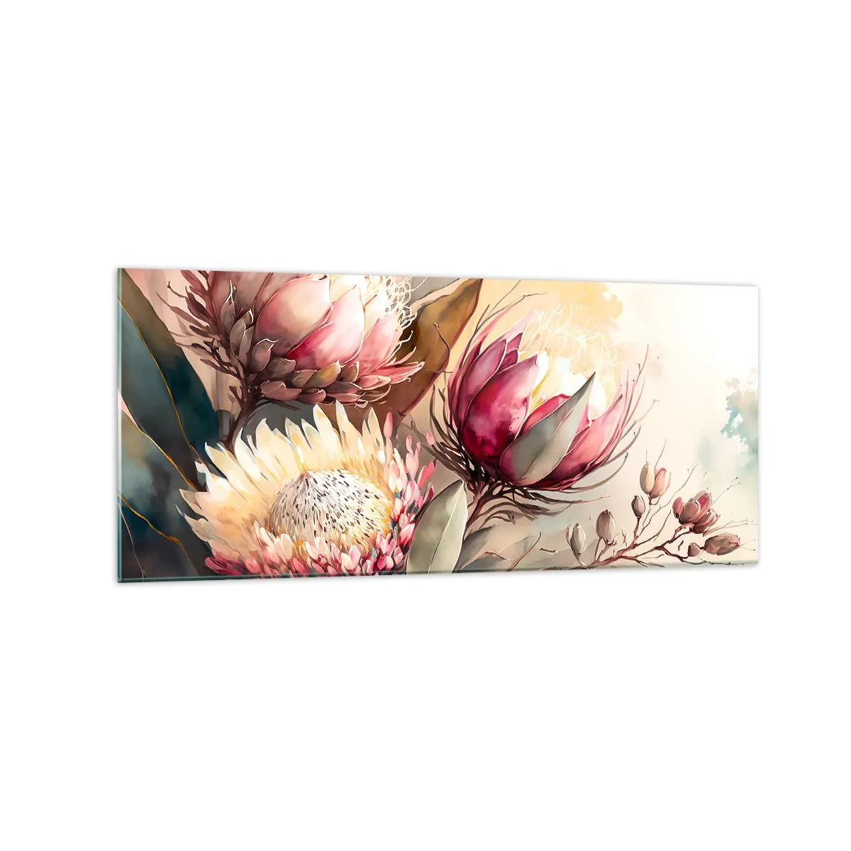 Cuadro sobre vidrio - Impresiones sobre Vidrio - Flores de protea en delicados tonos pastel. - 120x50cm - De perfil y de frente - Decoración de pared moderna para salón y dormitorio ARTTOR