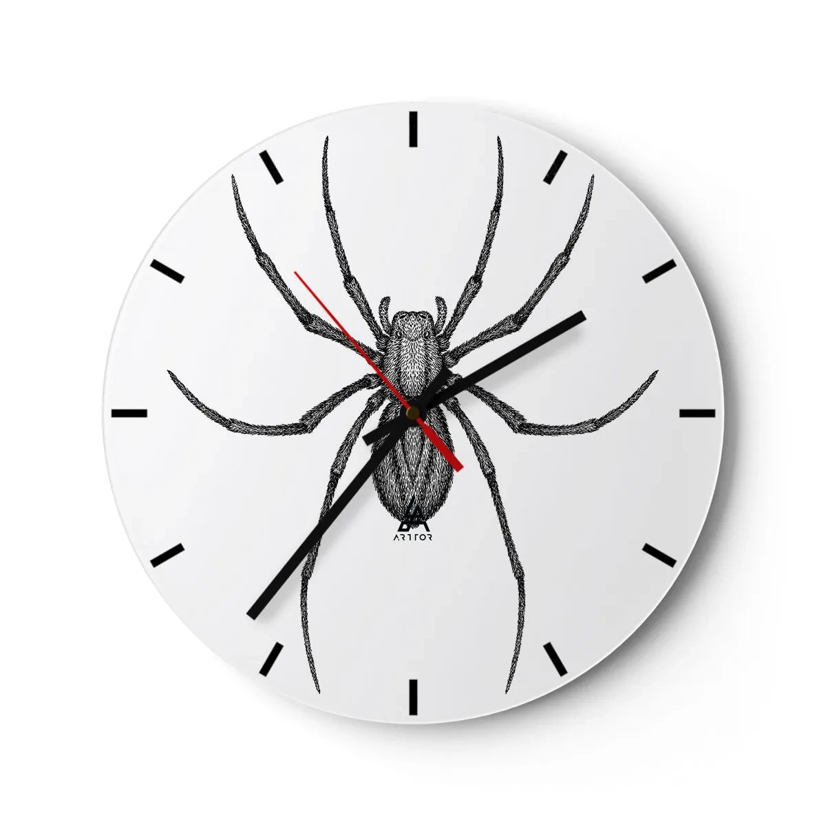Reloj de pared - Reloj de vidrio - Ilustración en blanco y negro de una araña sobre un fondo blanco. - 30x30cm - Precisión inquietante - Decoración de pared moderna para salón, cocina y dormitorio ARTTOR