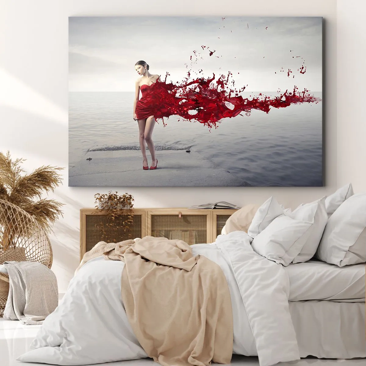 Cuadro sobre lienzo - Impresión de Imagen - Una mujer con un vestido rojo en una composición artística junto al agua. - 120x80cm - Apasionada como la escarlata - Decoración de pared moderna para salón y dormitorio ARTTOR