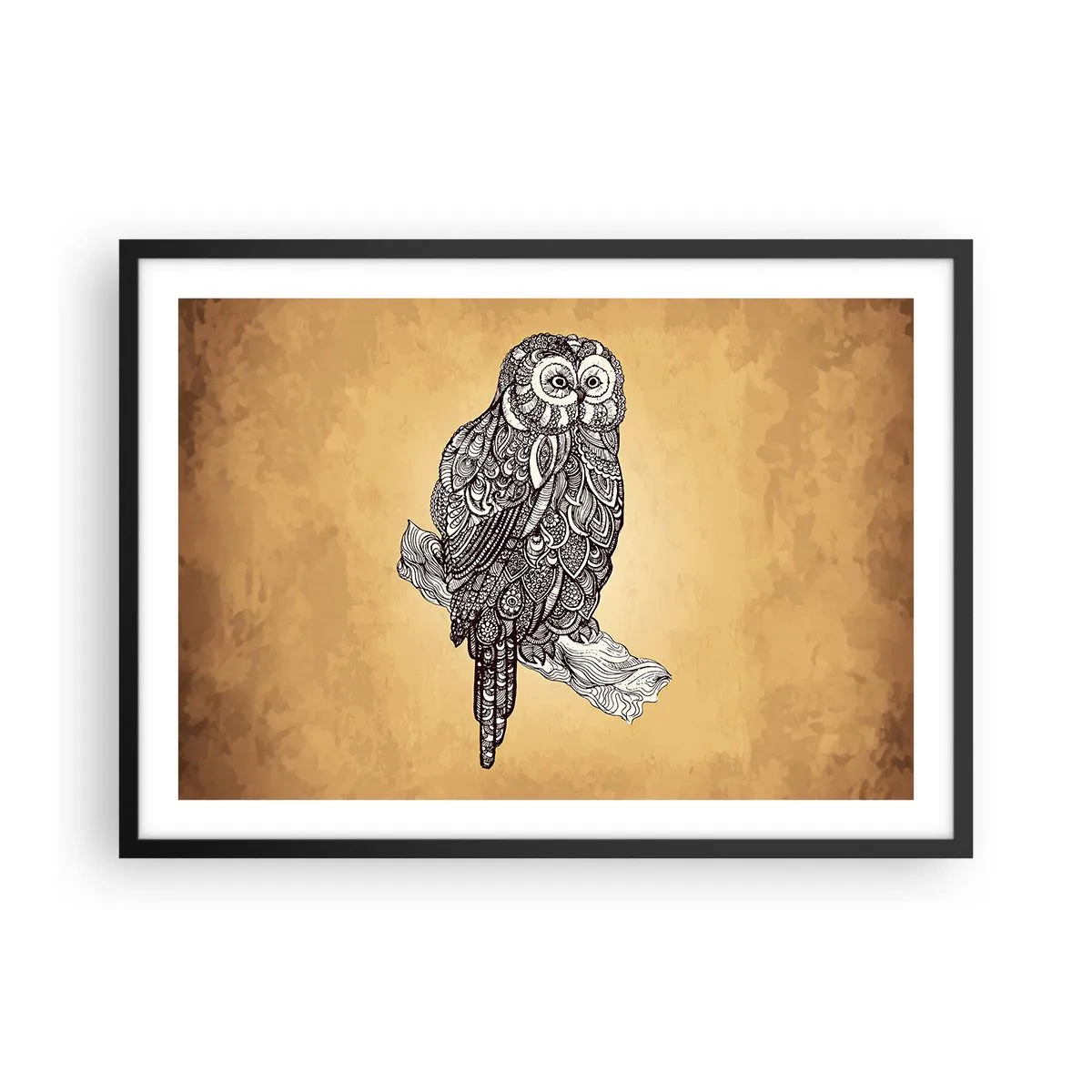 Póster en marco negro - Un búho en estilo ornamental sobre un fondo beige. - 70x50cm - Intrincados ornamentos de sabiduría - Decoración de pared moderna para salón y dormitorio ARTTOR