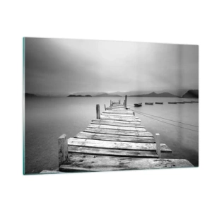 Cuadro sobre vidrio - Impresiones sobre Vidrio - Muelle de madera sobre un lago tranquilo en blanco y negro - 120x80cm - Más allá de las montañas, más allá de los mares - Decoración de pared moderna para salón y dormitorio ARTTOR