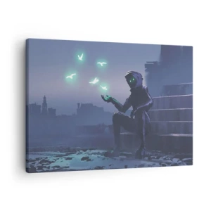 Cuadro sobre lienzo - Impresión de Imagen - Una figura encapuchada con pájaros mágicos en el fondo de una ciudad. - 70x50cm - La vida volverá - Decoración de pared moderna para salón y dormitorio ARTTOR