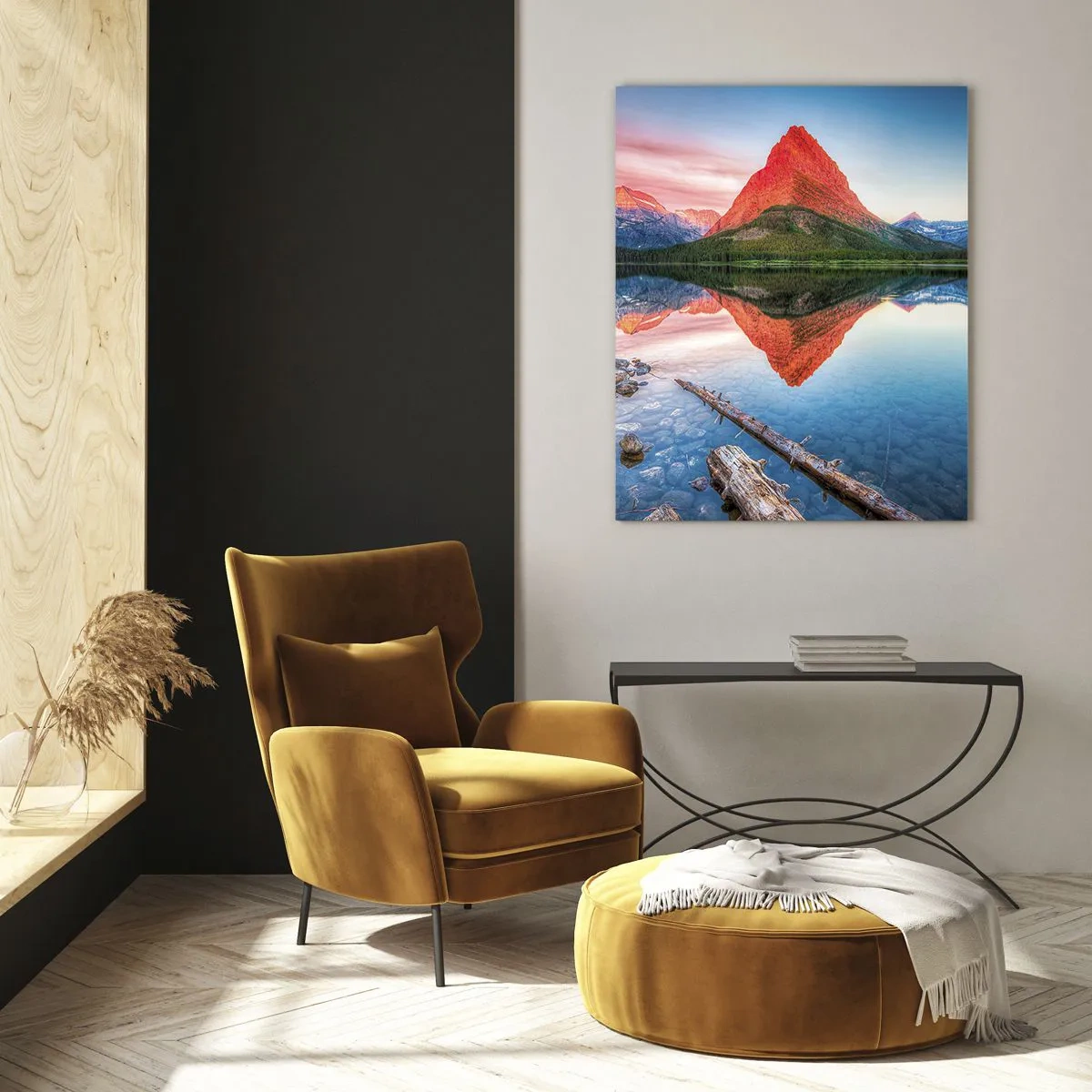 Cuadro sobre vidrio - Impresiones sobre Vidrio - Un pico de montaña reflejado en un lago tranquilo. - 50x70cm - Cálido y frío - Decoración de pared moderna para salón y dormitorio ARTTOR