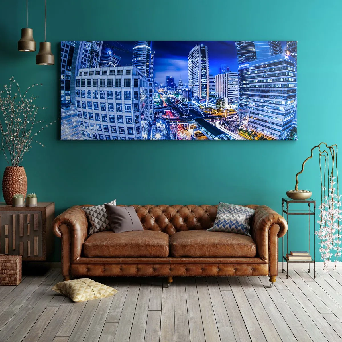 Cuadro sobre lienzo - Impresión de Imagen - Panorama nocturno de la ciudad con rascacielos y farolas - 140x50cm - Ritmos de la ciudad nocturna - Decoración de pared moderna para salón y dormitorio ARTTOR