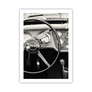 Póster - El interior de un coche clásico en estilo monocromático. - 50x70cm - El sueño de un coleccionista - Decoración de pared moderna para salón y dormitorio ARTTOR