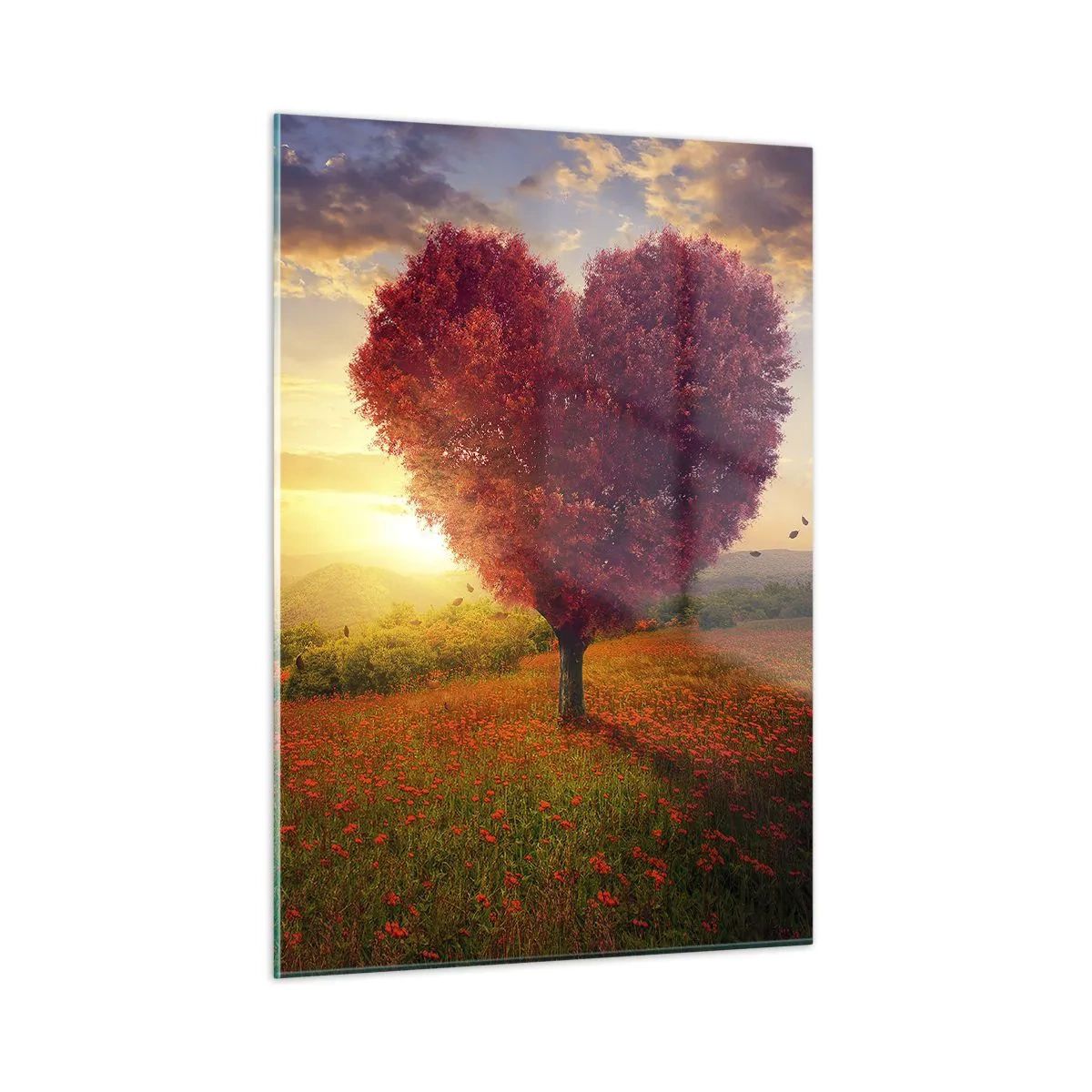 Cuadro sobre vidrio - Impresiones sobre Vidrio - Un árbol en forma de corazón en un campo al atardecer. - 50x70cm - Te atrapa el corazón - Decoración de pared moderna para salón y dormitorio ARTTOR