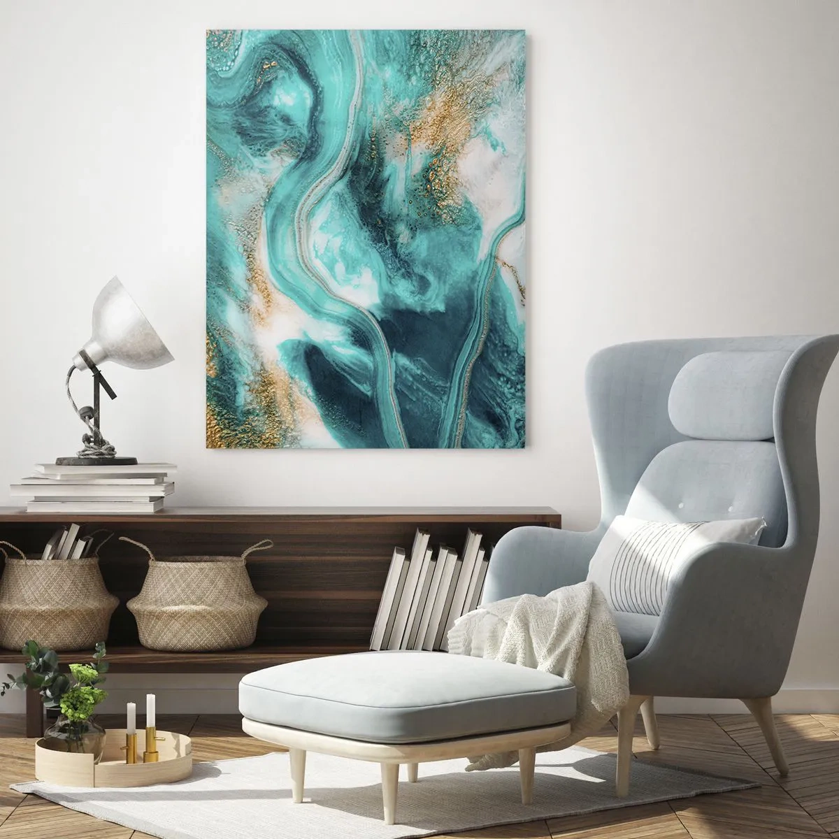 Cuadro sobre vidrio - Impresiones sobre Vidrio - Abstracción turquesa con acentos blancos y dorados. - 80x120cm - Río de oro - Decoración de pared moderna para salón y dormitorio ARTTOR