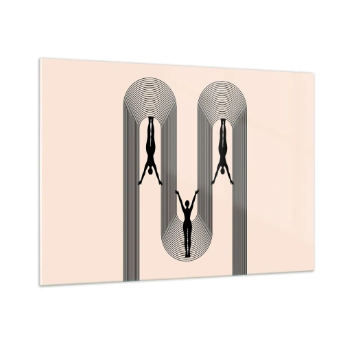 Cuadro sobre vidrio - Impresiones sobre Vidrio - Siluetas negras de figuras suspendidas en arcos rítmicos - 100x70cm - Al revés, o no - Decoración de pared moderna para salón y dormitorio ARTTOR