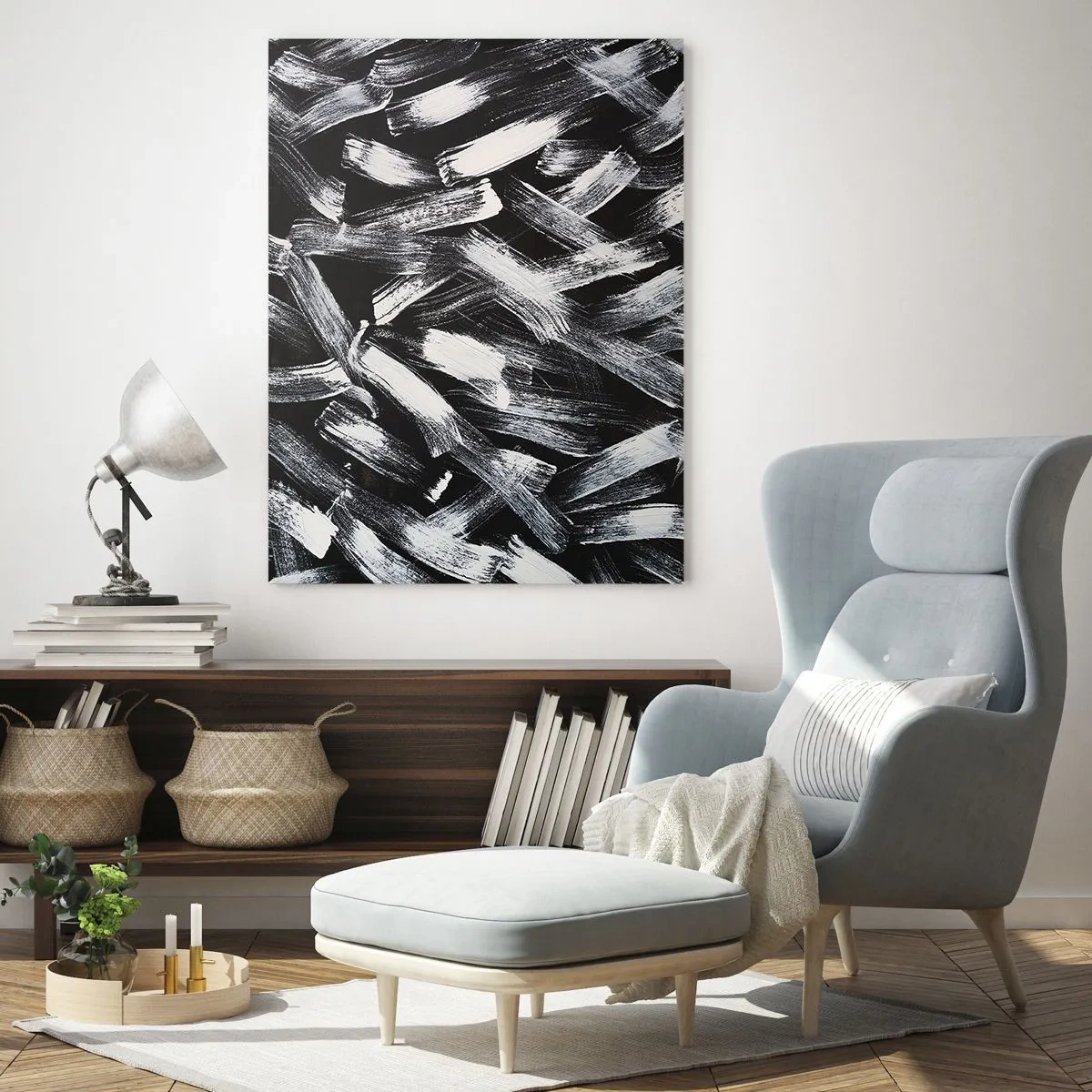 Cuadro sobre vidrio - Impresiones sobre Vidrio - Abstracción dinámica con pinceladas blancas sobre fondo negro. - 70x100cm - Abstracción en el espíritu industrial - Decoración de pared moderna para salón y dormitorio ARTTOR