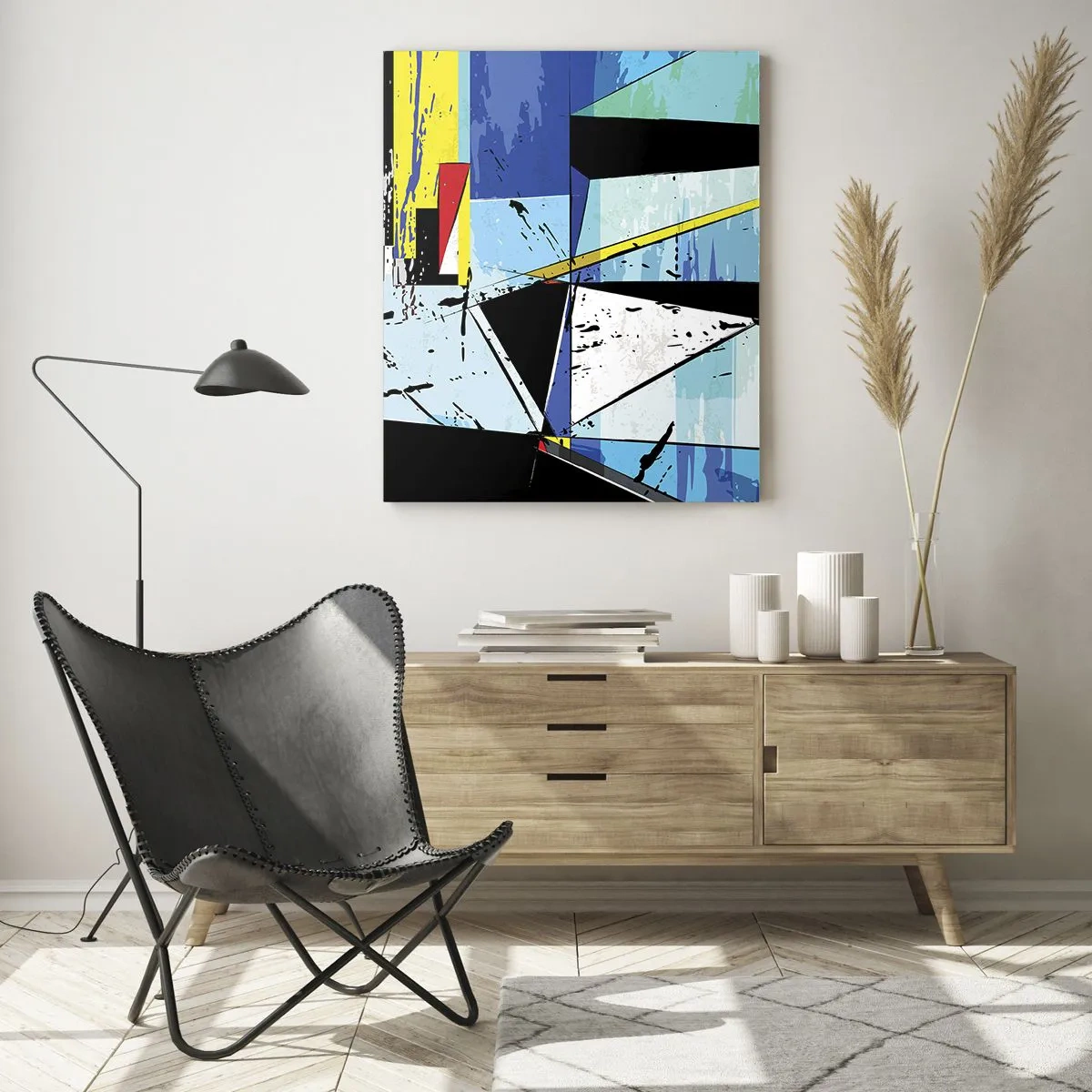 Cuadro sobre vidrio - Impresiones sobre Vidrio - Composición geométrica abstracta en tonos azules. - 50x70cm - Mirando el mundo desde un ángulo distinto - Decoración de pared moderna para salón y dormitorio ARTTOR