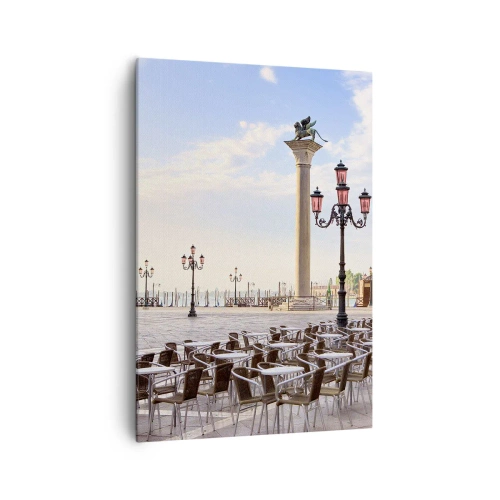 Cuadro sobre lienzo - Impresión de Imagen - Venecia, vista de la plaza con columnas y mesas de café. - 70x100cm - Vamos, todo está listo - Decoración de pared moderna para salón y dormitorio ARTTOR