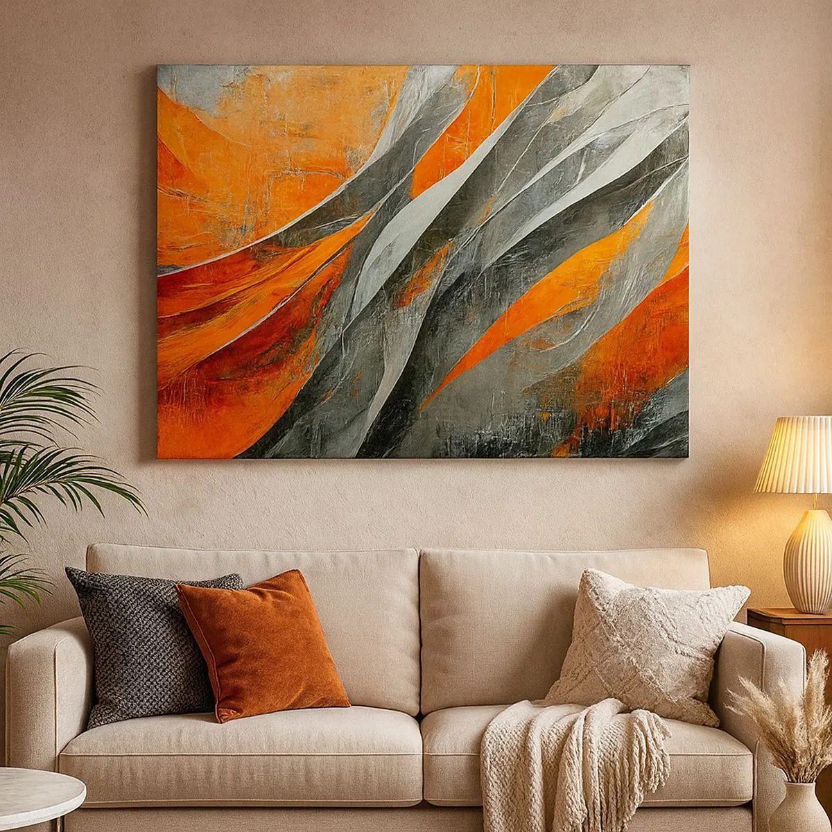 Cuadro sobre lienzo - Impresión de Imagen - Líneas abstractas en tonos naranja y gris. - 70x50cm - Calor y frío - Decoración de pared moderna para salón y dormitorio ARTTOR