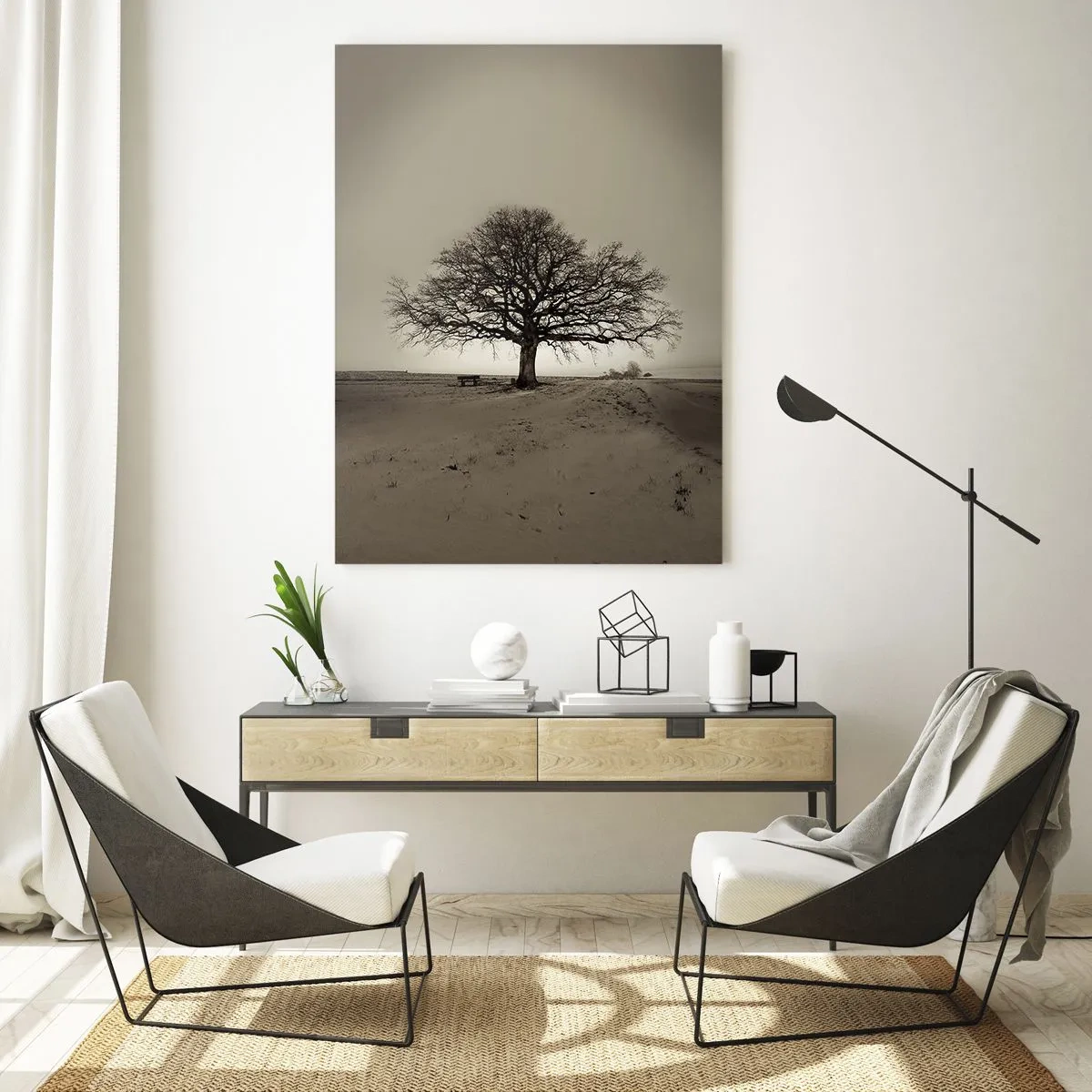 Cuadro sobre vidrio - Impresiones sobre Vidrio - Un árbol solitario en un campo sepia - 70x100cm - De aquí a la eternidad - Decoración de pared moderna para salón y dormitorio ARTTOR