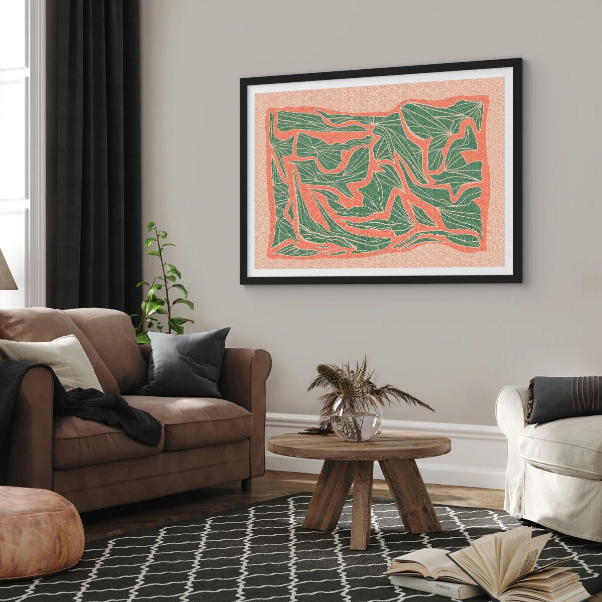Póster en marco negro - Un patrón de plantas en tonos verdes y naranjas. - 70x50cm - Lucha entre el coral y el verde - Decoración de pared moderna para salón y dormitorio ARTTOR